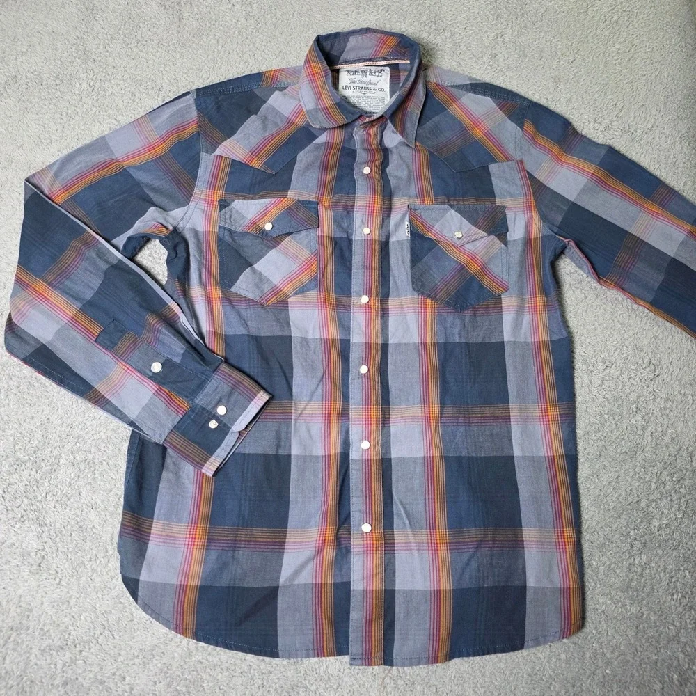 Levi Strauss Mens Small Western Shirt Blue Orange Plaid Pearl Snap Long Sleeve